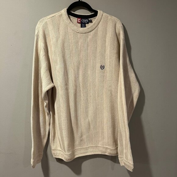 NWT Chaps Sweater Cream Mens Crewneck Large 100% Cotton NEW - Picture 2 of 9